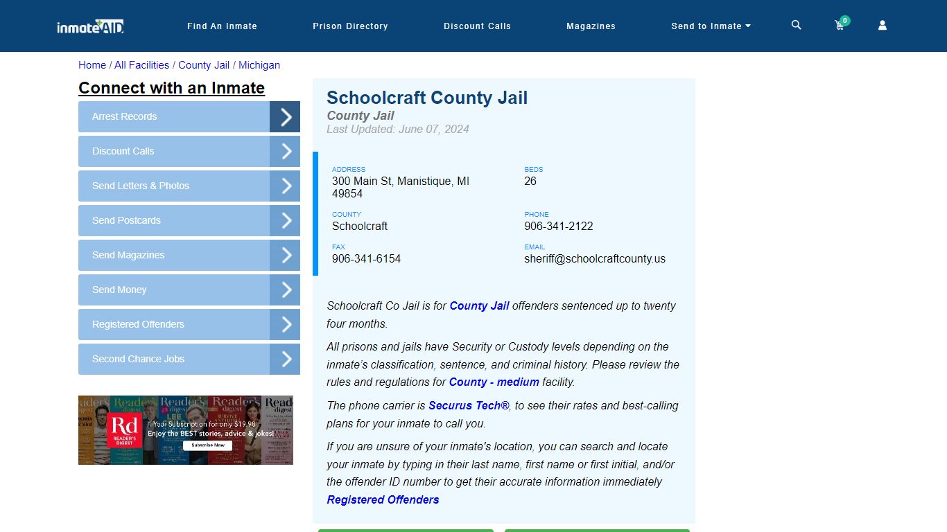 Schoolcraft County Jail - Inmate Locator